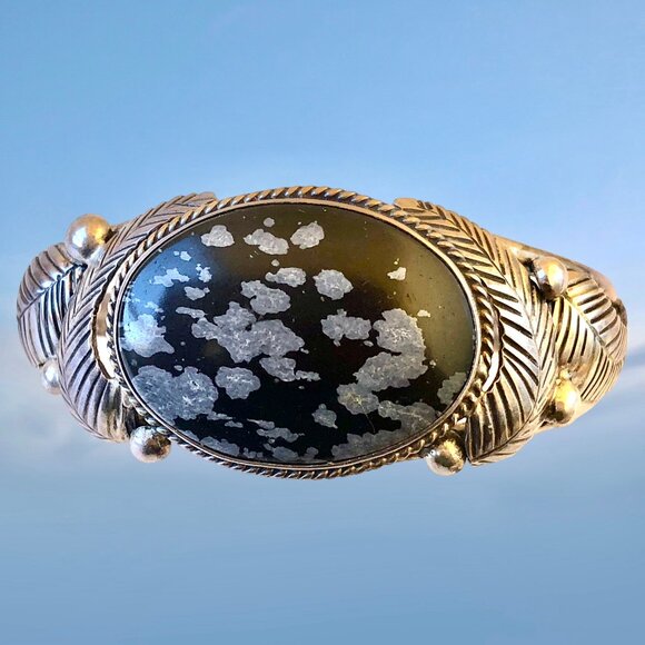 Native American Snowflake Obsidian Sterling Silver Cuff Bracelet Signed L Pina - Picture 11 of 13